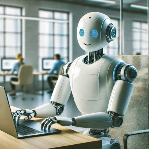 A robot sat at a desk illustrating AI at work in SMEs.