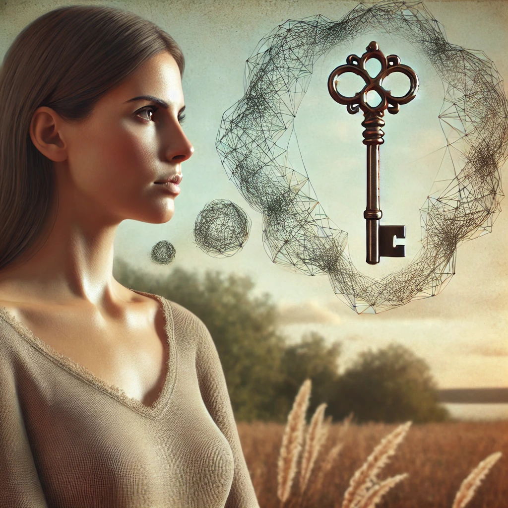 A woman staring thoughtfully, with a key in a cloud like a thought bubble.