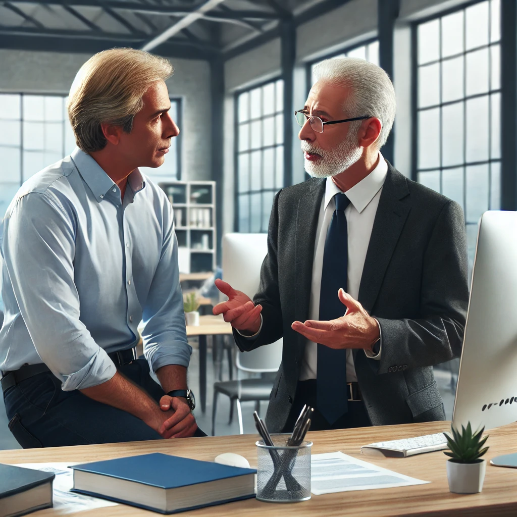 An older office worker sharing his experience with a younger one.